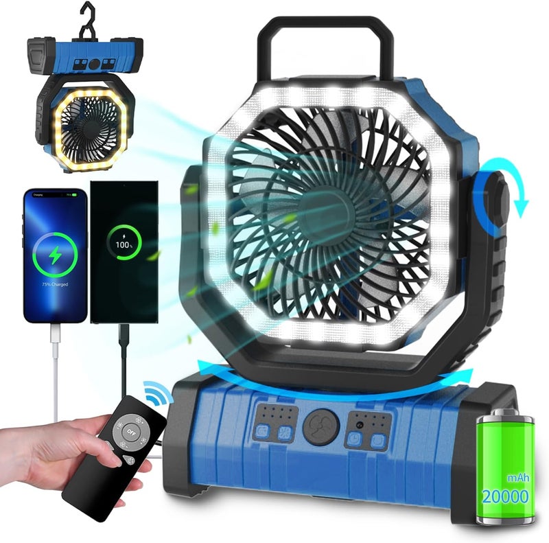 Adust Camping Fan Battery Operated Powered Fan with LED Lantern Light 20000mAh Rechargeable Portable Oscillating, 360° Rotation Hanging Hook for Tents, Cordless USB Desk Fan(Blue) - Image 1